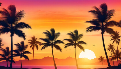 Fototapeta na wymiar A tropical beach with palm trees silhouetted against a colorful sunset sky