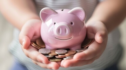 A close-up of hands holding a piggy bank and coins, symbolizing savings and financial responsibility. 