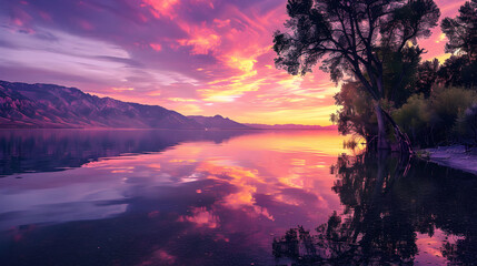 Utah's Breathtakingly Serene Lake Scenery at Sunset: A Captivating Harmony Between Sky, Water, and Land