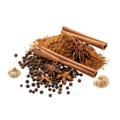A variety of spices, including star anise, cinnamon sticks, and cardamom pods.