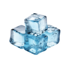 Crystal clear ice cubes with visible air bubbles, stacked together against a transparent background.