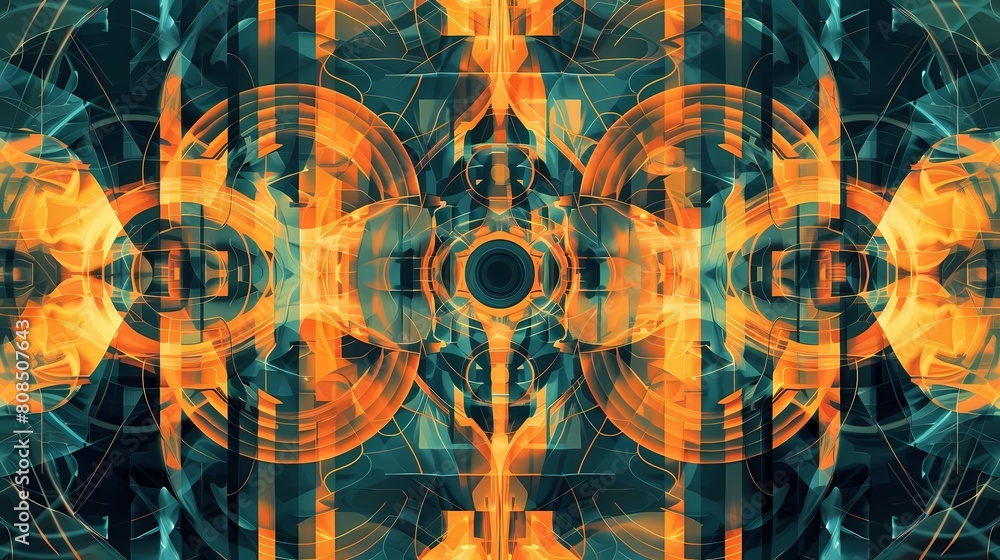 Poster symmetrical abstract design featuring a circular object with a isolated background, surrounded by a 