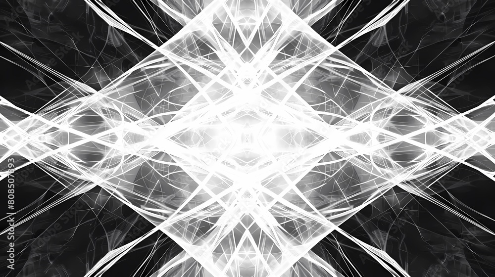 Poster symmetrical abstract patterns on a black background featuring a circular object, a square object, and a triangle object arranged in a row from left to right