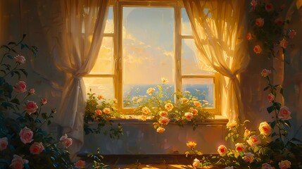 Fantasy window rose oil painting illustration poster background