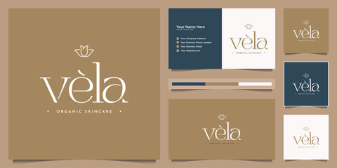 Minimalist woman's face flower with golden gradient logo and business card design. feminine design concept for beauty salon, massage, cosmetic, spa and skin care.