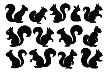 Set of squirrel black Silhouette Design with white Background and Vector Illustration