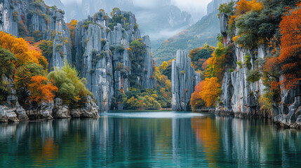  Colorful autumn scenery, tall cliffs and lush forests on both sides of the lake, with reflections...
