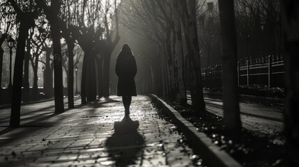 Black and white moody silhouette. Sunshine light beams. Alone in contemplation. Dramatic lighting. Sunset in a park. Fall day.