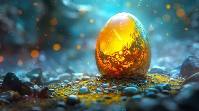 The glowing egg of a mythical creature rests on a bed of rocks, awaiting the warmth of a worthy soul to hatch it.