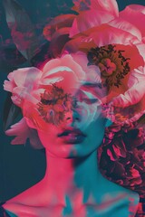 Portrait of a beautiful woman superimposed with flowers. Spring bloom with brunette model. Colorful abstract art photography.