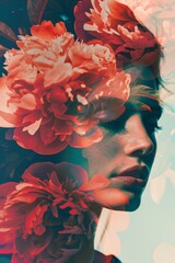 Portrait of a beautiful woman superimposed with flowers. Spring bloom with brunette model. Colorful abstract art photography.