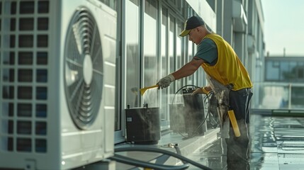 photorealistic image of an air conditioning technician cleaning up after the installation, highlighting their professionalism and commitment to leaving a clean workspace. 