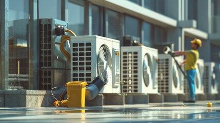 photorealistic image of an air conditioning technician cleaning up after the installation, highlighting their professionalism and commitment to leaving a clean workspace. 