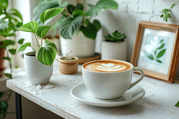 Cup of coffee with latte art on a white table in a bright room, surrounded by green plants and wooden frames. Created with Ai 