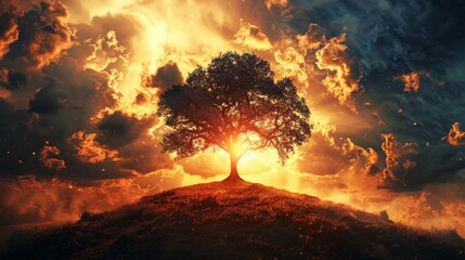 Intense and raw image of a beautiful tree on a hill with a background resembling hell, stark and powerful contrast