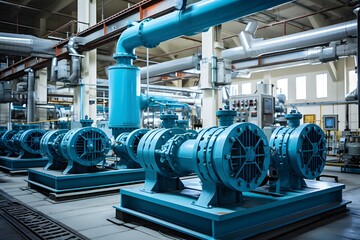 Blue pipes in a factory with the words power on the bottom

