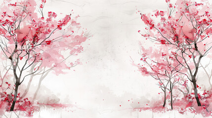 watercolor Redbud Trees with color stains on white background with copy space.