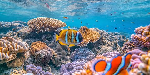 coral reef and fish, A exotic fish species swimming in a well-maintained aquarium, with vibrant...