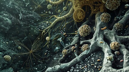 High-resolution image depicting the complex network of soil biota, from tiny bacteria to nematodes, in their natural environment, enhancing the unseen world beneath our feet