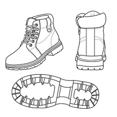 Template vector hiking boots. Outline vector doodle illustration. Front, side, back, and bottom views isolated on a white background