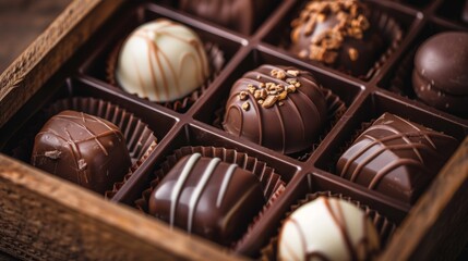Gourmet chocolate box, close focus, against a dark, rustic background, designed to emphasize premium quality