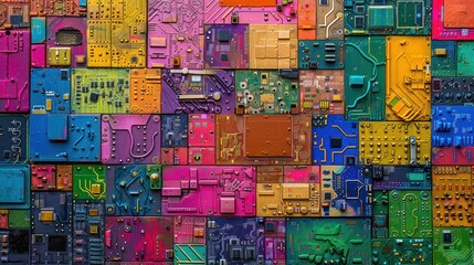  vibrant array of colorful circuit boards, their intricate patterns resembling miniature works of art, reflecting the ingenuity and innovation driving the factory's production., 