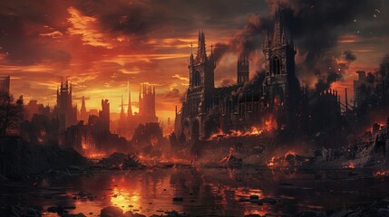 Naklejka premium Gothic architecture silhouetted against a smoldering sky, lava rivers reflecting on crumbling facades, apocalyptic city of hell