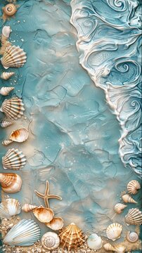 Painting of various seashells and shells arranged on a blue background, with a border inspired by the sea