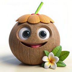 3D render of a happy coconut with a straw in its mouth and a flower necklace on isolated white background, Generative AI