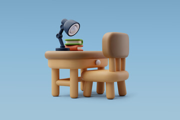 3d Vector Work desk with books and lamp, Home furniture concept.