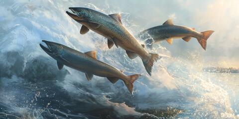 Fototapeta premium shark in the water, A salmon leaping out of the water as they migrate upstream during spawning season, capturing the determination and resilience of these fish