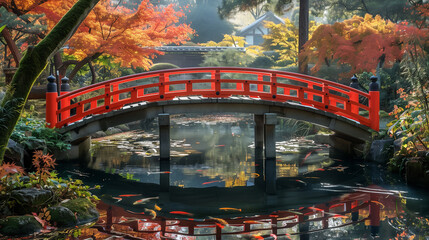 Beautiful of a red bridge over a pond in a Japanese garden. The water is crystal clear. The bridge is surrounded by trees with red and yellow leaves. - Powered by Adobe