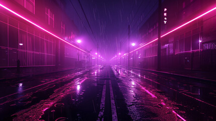 Deep maroon neon glows over a wet street, empty and dark with a mysterious fog.