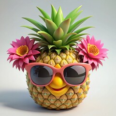 3D render of a joyful pineapple with sunglasses and a tropical flower crown on isolated white background, Generative AI