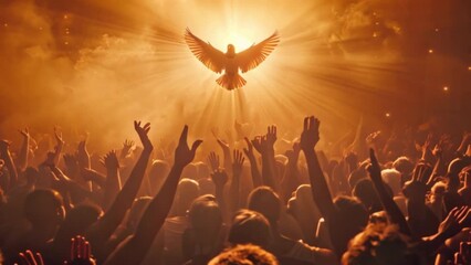 The crowd raised their hands to worship the Holy Spirit hovering over the crowd of believers. - Powered by Adobe