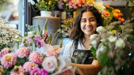 A cheerful florist arranging bouquets of flowers behind the counter.