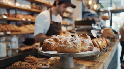 A close-up shot of a local bakery storefront with freshly baked goods on display. A friendly barista serving coffee to customers at a neighborhood cafe.  - Powered by Adobe