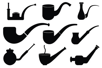 Set of Tobacco Pipe Icon black Silhouette Design with white Background and Vector Illustration