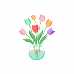 tulip Flower in Glass vases with blue water. Cute colorful flower icon collection. White background. Flat design