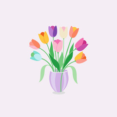 tulip Flower in Glass vases with blue water. Cute colorful flower icon collection. White background. Flat design