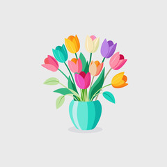 tulip Flower in Glass vases with blue water. Cute colorful flower icon collection. White background. Flat design
