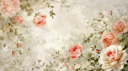 vintage roses flowers and green leaves on light background with copy space.