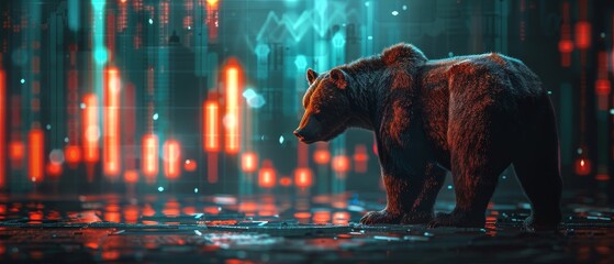 Bear standing before a backdrop of bearish market charts in a dark setting