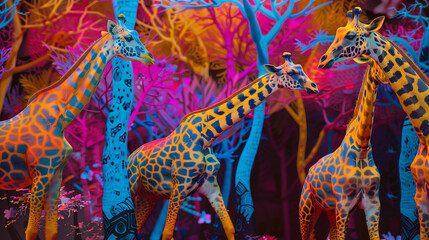 Vibrant Forest Giraffe Family