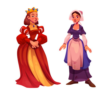 Medieval people cartoon character set. Vector illustration of queen in red dress and golden crown, and peasant girl in poor clothes. Ancient female fairy tale person. middle age royal and farmer woman