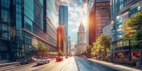 city, An image showcasing the sleek architecture and vibrant energy of the downtown business district, with towering office buildings and busy streetsr.