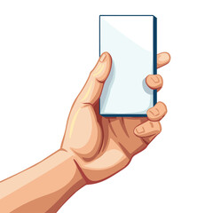 Hand holding smartphone showing blank screen, ready content display. Cartoon representation human hand smartphone interaction, technology concept. Vector isolated white background