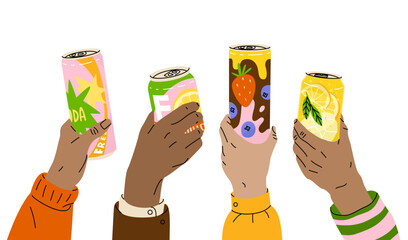 Fototapeta premium Hands hold cans of soda and juices. Party with energy refreshing drinks. Bright packaging for summer products. Vector illustration isolated on transparent background.