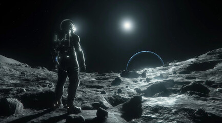 Obraz premium A female astronaut stands on the moon's surface