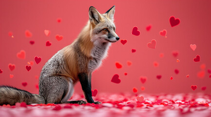 A fox sits on the ground surrounded by red hearts - Powered by Adobe